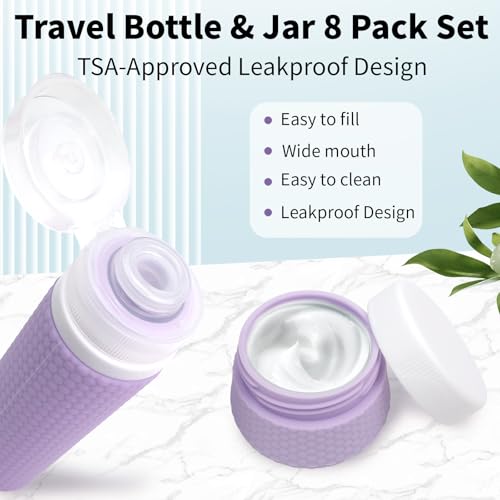 Silicone Travel Bottles & Cream Jars 19 Pack with Toiletry Bag - 3 oz Leak Proof TSA Approved Bottle & 1.35oz Creams Containers Toiletries Set for Lotion Shampoo Hair Gel Cosmetics Leather Anti-slip2