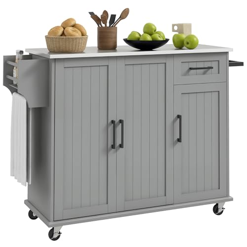 HOMCOM Kitchen Island Cart with Storage, Rolling Kitchen Island on Wheels with Drawer, 3 Cabinets, Stainless Steel Countertop, Spice Rack and Towel Rack, Gray