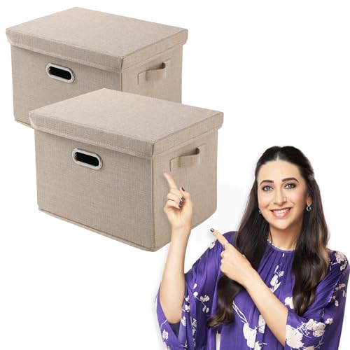 Image of HOKIPO Multipurpose Storage Box with Lid for Wardrobe, Home and Office, Beige, Medium, Pack of 2 (AR-4369-M*2)