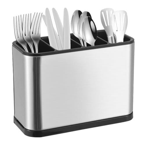 Portaposate a 4 scomparti con vassoio antigoccia, in acciaio inox, antiscivolo, per cucina e sala da pranzo, portaposate con vassoio antigoccia rimovibile, porta utensili in acciaio inox per coltelli