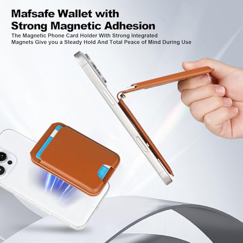 Image of Men's Magnetic Leather Wallet, MagSafe RFID Card Holder with Stand Brown