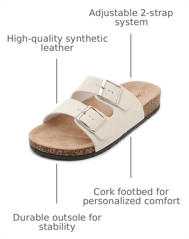 Image of Herstyle Womens Cork Footbed Slides for Women, Double Strap Flat Sandals, Adjustable Buckle Comfort Slip On Shoes, Summer Beach Casual Walking Slippers