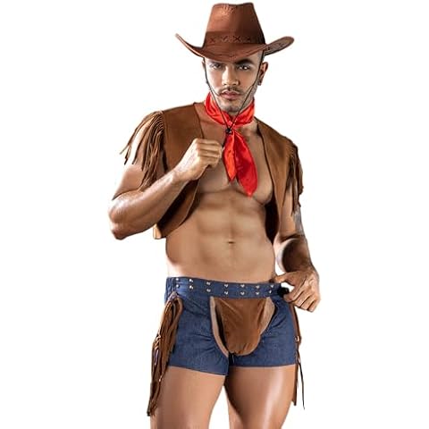 XinYiQu Mens Cosplay Cowboy Sexy Lingerie Set Retro Role Play Uniform Costume Outfit (Khaki) Cover