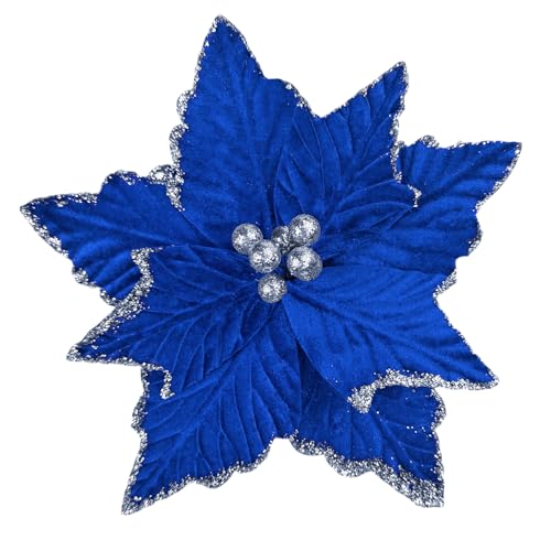 Donfulily Paquete de 4 flores de Navidad con purpurina, 22,7 cm de cabeza grande, adornos de árbol de Navidad, flores artificiales con tallos largos para árbol de Navidad, decoraciones de boda (azul)