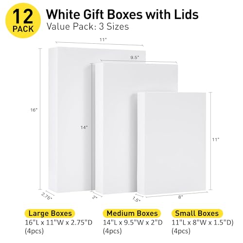 Image of SUNCOLOR White Gift Boxes with Lids, 12 Pack | Assorted Sizes: 11, 14, 16 Inch, For Presents, Packaging, Storage and Shipping