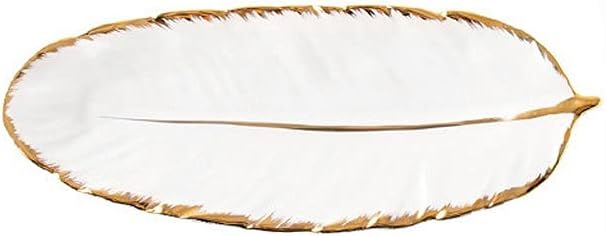 Beautiful Home Supplies Gold-Plated Ceramic Plate Fashion Feather Design Fruit Plate Tray Tableware Accessories Dessert Fruit Plate Kitchen Dinner Plate/Large-White