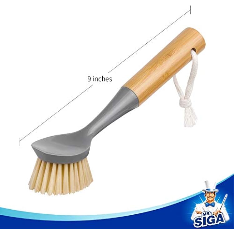 MR.SIGA Dish Brush with Bamboo Handle Built-in Scraper, Scrub Brush for Pans, Pots, Kitchen Sink Cleaning, Pack of 2