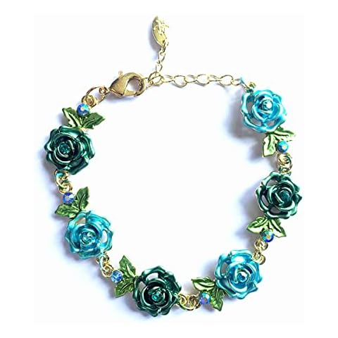 Puadun Colorful Rose Flower & Leaf Bangle Bracelet - Cloisonne National Chain Hand Jewelry with Rhinestone Charms for Women & Girls - Adjustable Extension & Gift Box Included Cover