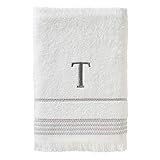 serviette bain tex Lettre brodée en gris SKL Home Serviette de Bain, T, Coton, Blanc, 28 x 54 cm