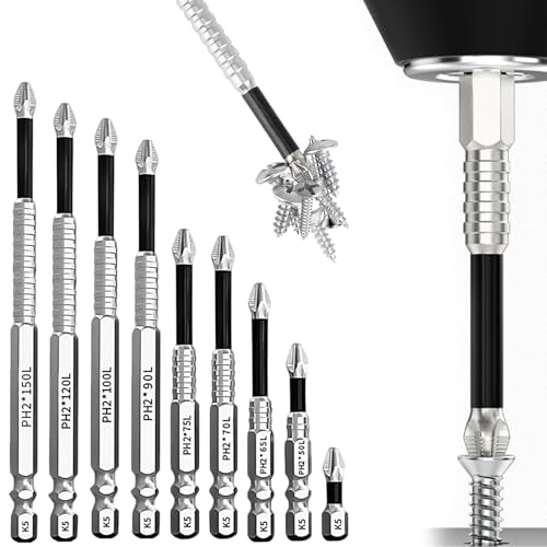 Antirutsch Bit, Magnetische Bits, Bit Satz 9-teilig, Hochmagnetischer Schraubendreher-Bohrer-Bit-Satz, Anti Rutsch Bitsatz Für Akkuschrauber, 25-150mm Für Enge Räume Und Tiefe Schrauben