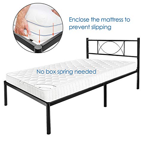 Haageep Twin Bed Frame With Headboard Storage No Box Spring Needed Metal Platform Single Size Bedframe Foundation 14 Inch High #TOP1