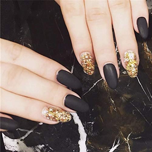 Sethexy 24 Stück Mandel Falsche Nägel Matte Schwarz& Funkeln Gold Vollständige Abdeckung Acryl Falsche Fingernägel zum… – Bild 6