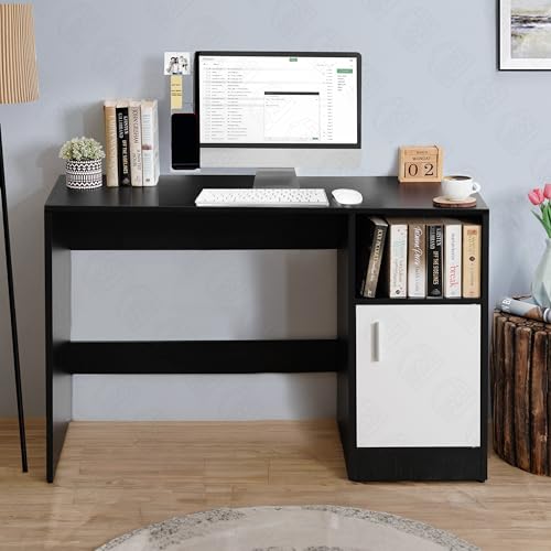 Image of ABOUT SPACE Study Table with Bottom Storage - WFH /Office Computer Table for Laptop, PC, Working, Drawing for Home Office Desk Engineering Wood(Black Mahogany & White- L 95 x B 45 x H 75 cm)