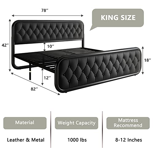 Feonase King Size Bed Frame, Upholstered Bed Frame with Faux Leather Headboard, Heavy Duty Platform Bed with Strong Metal Slats, 12 Inch Under-Bed Storage, Noise-Free, Easy Assembly, Black
