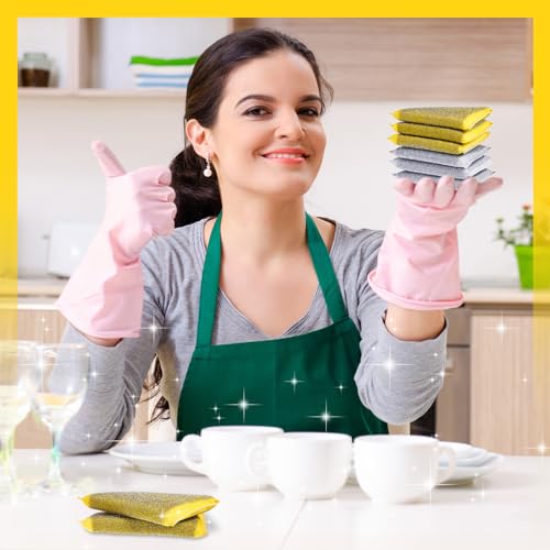 Image of Thyle 2 Pack Steel Wool Scrubber Kitchen Sponges, Heavy Duty Non Scratch Metal Sponges, Reusable Cleaning Scrub Pads for Dishes, Pots, Pans, Sink and Tough Hard Stains (Gray,Yellow)