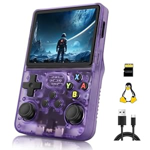 Effdrdfs R36S Handheld Game Console, 3.5 Inch IPS Screen Linux System, Handheld Console support Wifi online battles, with 10000+ Classic Games, 128G, Transparent Purple