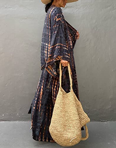 Women's Open Front Tie Dye Long Kimono Cover Ups with Belt Summer Loose Long Kimono Robe Swimsuits (One Size, Dark Grey)4