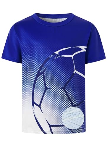 Lovekider Kids Boys Neon Football Shirt Lightweight Moisture-Wicking Mesh Tshirt Clothes 3D Print Soccer Retro Blue White Elastic Sportswear Tee for Sports 7-8 Years