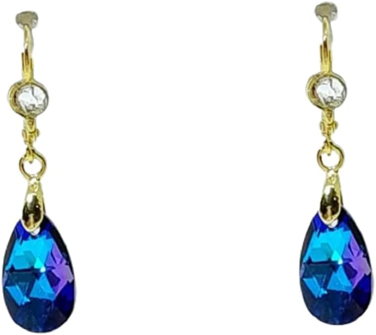 statement designed 14K Gold plated Earrings with Unique Original Austrian Crystals Lever back closure dangle 16 mm pear crystal Deep Blue