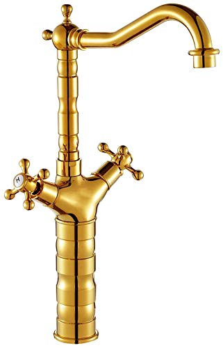 Kran Nostalgie Hohe Gold Badezimmermischer Tap Land Haus Stil 360 ° drehbares Badezimmer Zwei Hand Mixer Tap Hohe Arbeitsplatte Waschbecken Messing