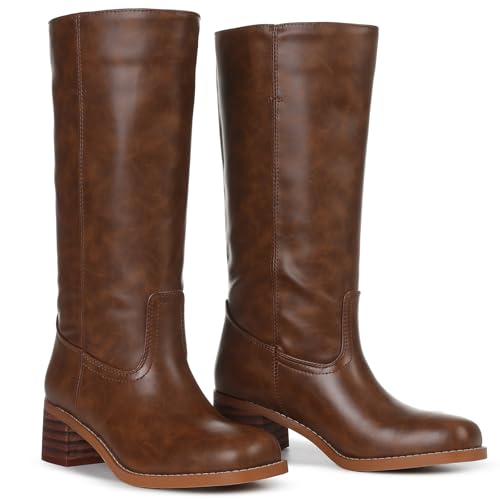 Image of Women's Knee High Boots, Comfortable Square Toe Faux Leather Boot Fashion Long Tall Boots for Riding Chunky High Heeled Dress /Casual Boot