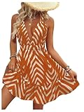 SOLY HUX Women's Allover Print Summer Dress Halter Deep V Neck Ruffle Hem Short Dresses Orange Chevron Medium