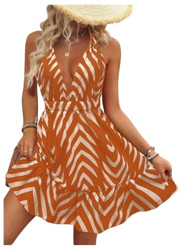 SOLY HUX Women's Allover Print Summer Dress Halter Deep V Neck Ruffle Hem Short Dresses Orange Chevron Medium