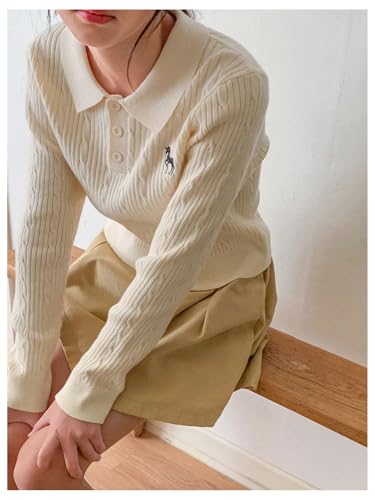 OYOANGLE Girl's Cable Knit Preppy Sweaters Embroidered Button Long Sleeve Knit Pullover Tops4