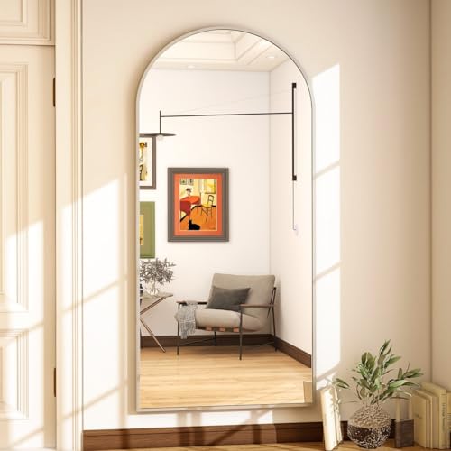 Image of Arch Top Full-Length Mirror | Floor Standing or Wall Mounted | Minimalist Design in Gold, Black & Silver | Oversized Mirror for Bedroom & Entryway (Silver, 170x70 cm)