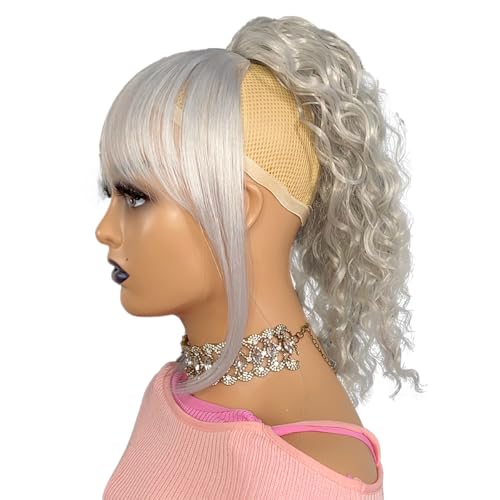 VAVANGA Gray Ponytail with Bangs 2 Pieces Short Drawstring Curly Ponytail With Straight Bangs 14inch Afro Puff Pony Tail Hair Piece for Black Women — view 6