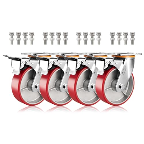 Schwerlast Lenkrolle Polyurethan Bockrolle 100 125 150 200 Mm 4er SET, Leise Pannensichere Industrie Transport Rollen, Ersatz Rollen Mit Bremse, Schrauben & Metallplatten (Color : Brake, Size : 200m