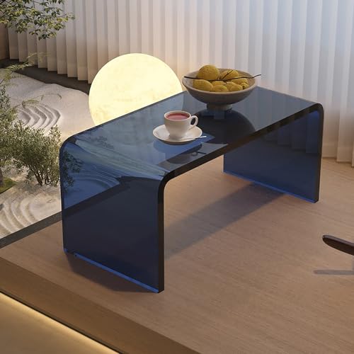 Mesa auxiliar en C de acrílico azul transparente de 60x40x30 cm para sofá y portátil