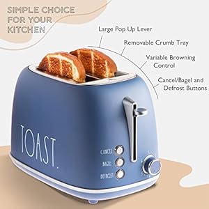 Rae Dunn Retro Rounded Bread Toaster 2 Slice Stainless Steel Toaster with Removable Crumb Tray Wide Slot with 6 Browning Levels Bagel Defrost and Cancel Options Navy