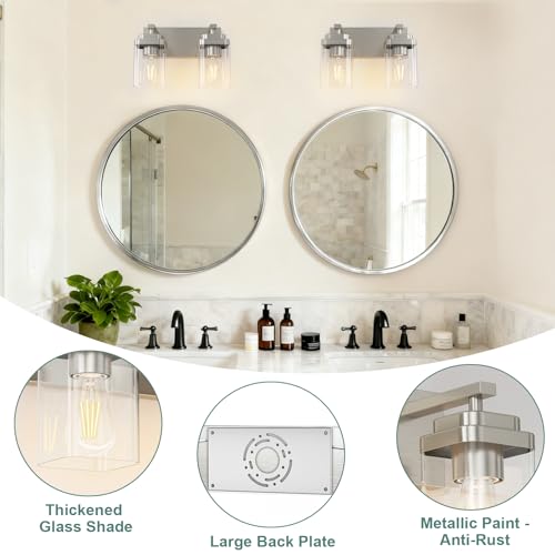 Image of Brushed Nickel Bathroom Light Fixtures, 2 Lights Bathroom Lighting Fixtures Over Mirror, Square Design & Rectangle Large Backplate, Modern Vanity Lighting Fixtures, for Living Room /Bedroom
