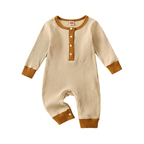 Image of LEBOLONG Newborn Infant Unisex Baby Boy Girl Button Solid Romper Bodysuit One Piece Jumpsuit Outfits Clothes (Khaki, 3-6 Months)
