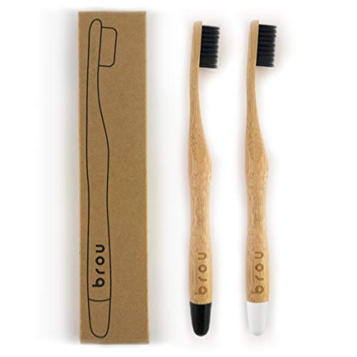 BROU | Premium Biodegradable Bamboo Charcoal Toothbrush | BPA Free | Eco-Friendly | Vegan | (Black and White, 2 Pack)
