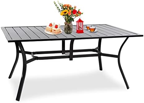 MEOOEM Patio Dining Table for 6 Person 63 Inch Outdoor Metal Large Rectangle Table with 1.57 Inch Umbrella Hole for Garden Deck Poolside, Blcak