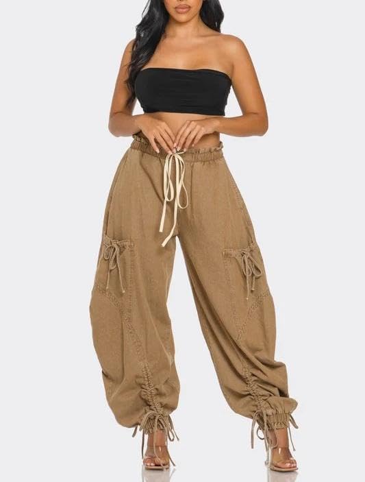Voghtic Women's Baggy Y2K Elastic Waisted Jeans Bow-Knot Drawstring Pull-On Cargo Denim Pants Harem Pants Streetwear - Image 2