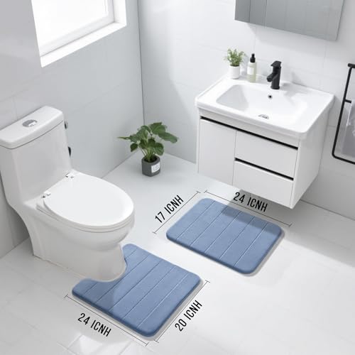 Image of Yimobra U-Shaped Toilet Bath Mat Set 2 Piece - Soft Absorbent Quick Dry Memory Foam Bathroom Rugs, Machine Washable Non Slip Floor Carpet for Tub Shower & Single Sink (17x24 & 24x20, Denim Blue)