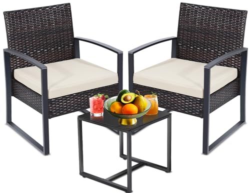 KROFEM 3 Pieces Patio Outdoor Wicker Bistro Furniture Set, Conversation Set, 2 Chairs Plus Table, for Porch, Balcony, Patio, Brown Frame with White Cushion