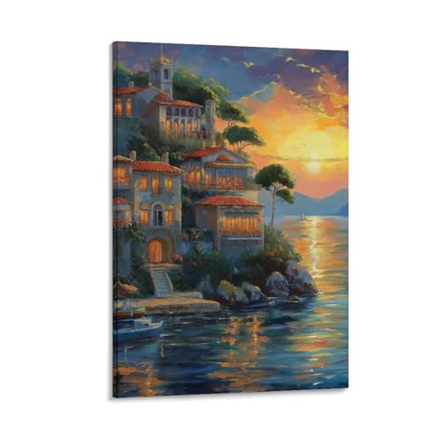 Toile coucher de soleil au port 50x75cm pour décoration murale de salon