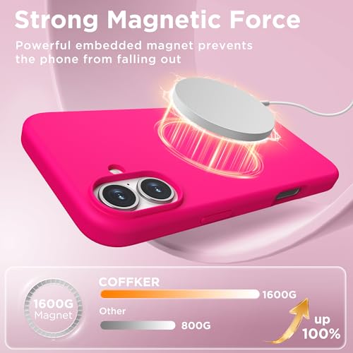 Image of Magnetic for iPhone 16 Case, Compatible with MagSafe, Liquid Silicone Phone Cover with Screen Protector & Camera Protector, Soft Anti-Scratch Microfiber Lining Inside 6.1 inch, Neon Pink