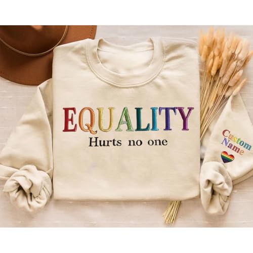 Personalized LGBTQ Sweatshirt, Pride Month Gift, Custom Rainbow Sweater with Text on Sleeve, Shirt for Pride Month4