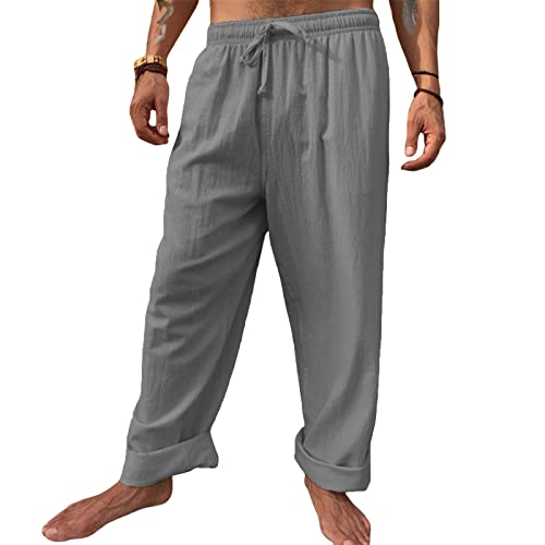 Mens Casual Linen Pants Loose Fit Lightweight Drawstring Summer Beach Yoga Pants Long Trousers Dark Grey #TOP2