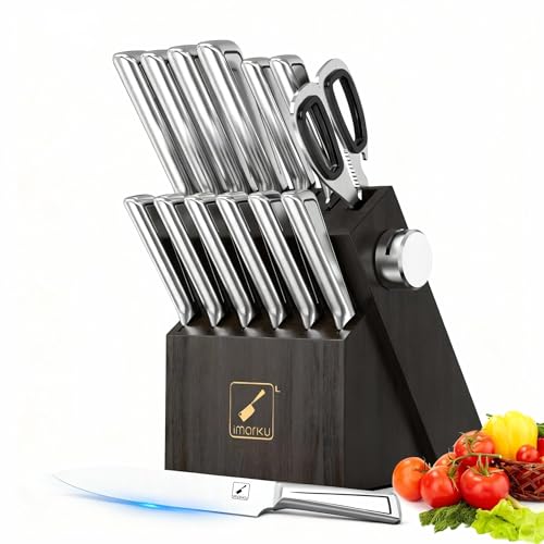 imarku Knife Set with Knife Block, 14-Piece High Carbon Stainless Steel Kitchen Knives with Built-in Sharpener, Dishwasher Safe,Ideal for Home or Wedding Gifts Black/Gray 14 Pcs