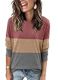 Magritta Color Block Tee Shirt for Women Plus Size Stretchy Round Neckline Long Sleeve Striped Ladies Tunic Sweatshirt with Pockets Red Gray Large