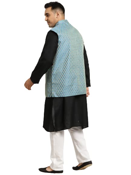 Sojanya Men's Cotton Black Kurta & Silk Blend Nehrujacket With White Churidar Pyjama Set2