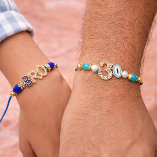 Image of Jaipur Ace Designer Kundan Rakhi with Lumba for Bhaiya Bhabhi | Premium Raksha Bandhan Thread for Brother & Sister-in-Law | Fancy Stone Work Bracelet with Tassel | Traditional Festival Gift (SET OF 2)
