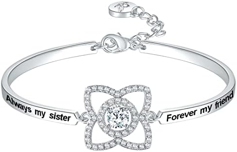 Aihitero Christmas Gift for Sis, Always My Sister Forever My Friend 4 Leaf Clover Bangle Bracelet, White Gold Women Girl Jewelry, Birthday Anniversary Valentines Xmas Present from Brother BFF Siblings