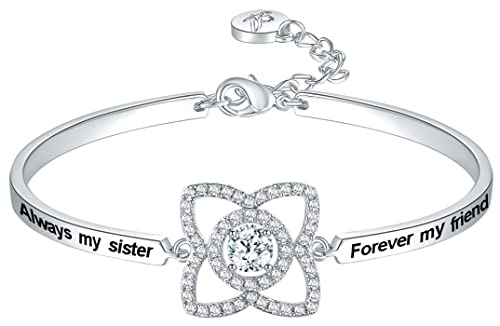 Aihitero Christmas Gift For Sis, Always My Sister Forever My Friend 4 Leaf Clover Bangle Bracelet, White Gold Women Girl Jewelry, Birthday Anniversary Valentines Xmas Present From Brother Bff Siblings #TOP2